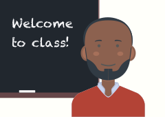 Teacher standing in front of a blackboard that says Welcome to class