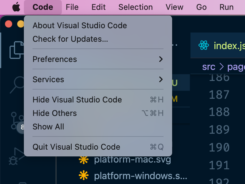 macOS operating system menu for VSCode.
'Code' menu item is selected, and its submenu has items 'About Visual Studio Code',
'Check for Updates...', 'Preferences', 'Services', 'Hide Visual Studio Code',
'Hide Others', 'Show All', 'Quit Visual Studio Code'.
