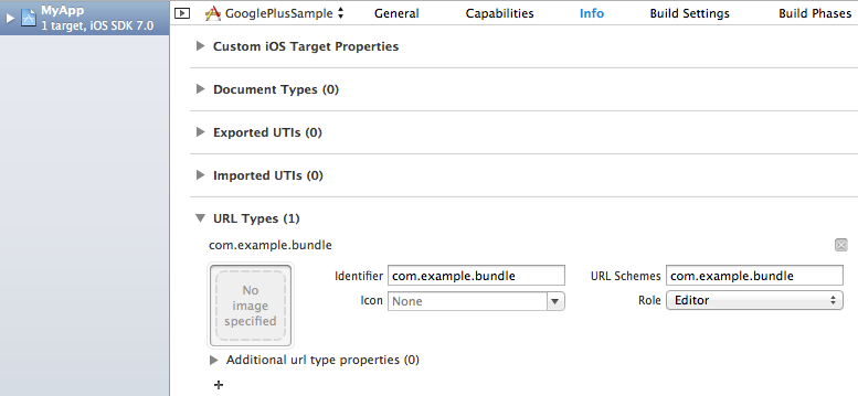 Graphic that shows the identifier and URL Schemas fields with the value of com.example.bundle entered.