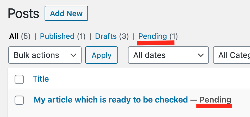 Pending review posts in the Pending filter