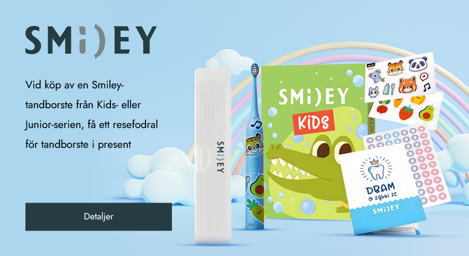 Vid köp av en Smiley-tandborste från Kids- eller Junior-serien, få ett resefodral för tandborste i present