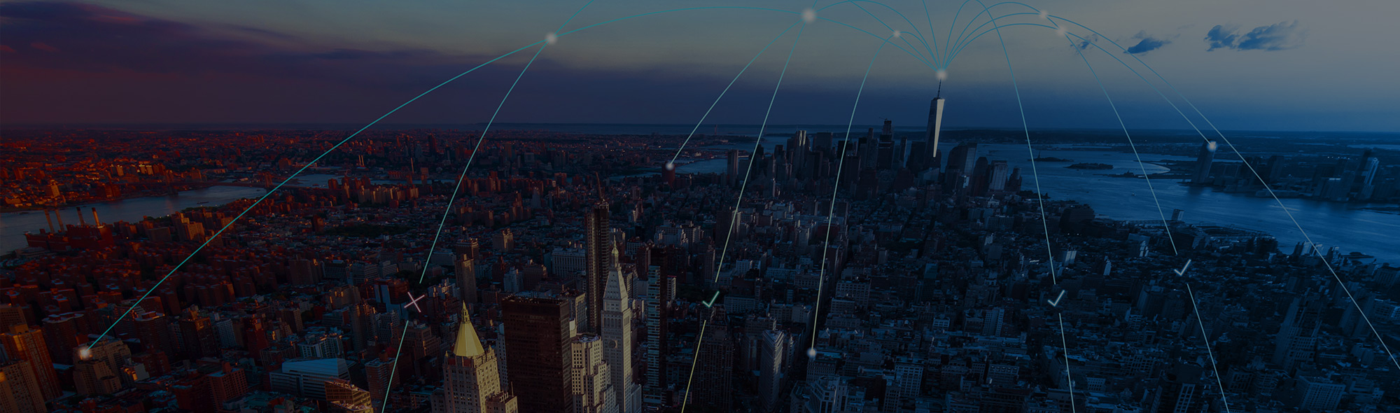 Aerial city view with graphic overlay showing a datacenter and remote endpoints.