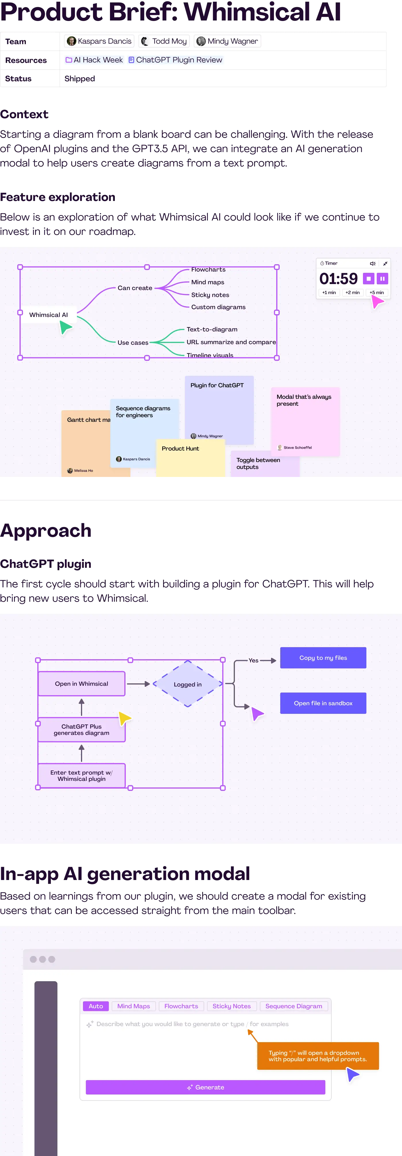 A screenshot of Whimsical's document and board features.