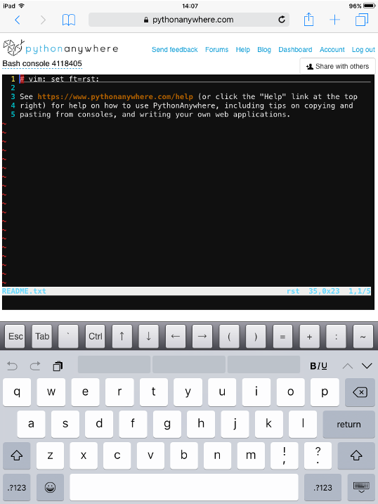 PythonAnywhere running on an iPad