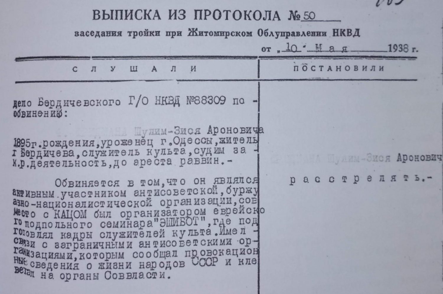 Death sentence to Berdichev rabbi Shulim-Zisya Aronovich Fridman (real name Shulim Zisevich Friedman ), 1938. He was killed for creating of Yeshiva...