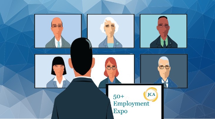 man looking at faces on screens