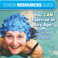 woman swimming with blue flowery bathing cap