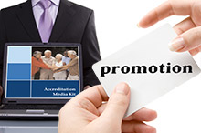 A pair of hands holding a card that reads "Promotion", and a person holding a laptop with the CARF Media Kit on screen.