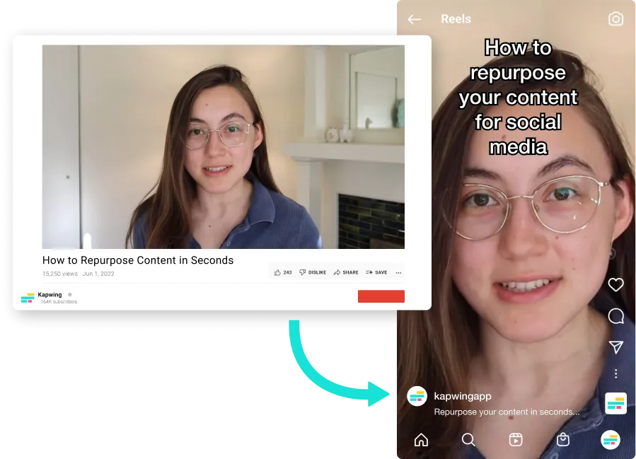 YouTube video of a woman speaking being repurposed as an Instagram Reel.