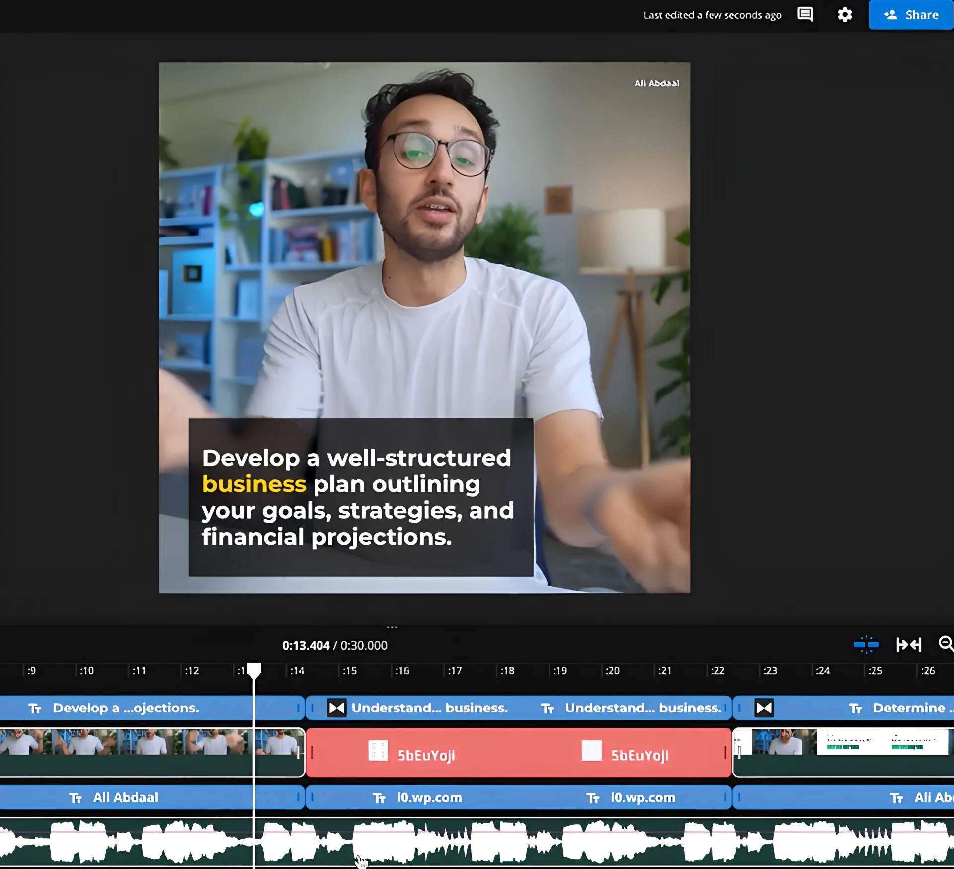 Video of a man speaking being edited with subtitles and transitions.