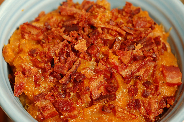 Maple roasted sweet potatoes with bacon and beer by Eve Fox, Garden of Eating blog