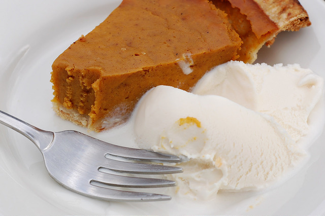 A slice of roasted butternut squash pie with Ronnybrook Farm's Hudson Valley Vanilla ice cream by Eve Fox, The Garden of Eating, copyright 2014