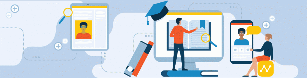 illustration of books, digital devices, students, and teachers