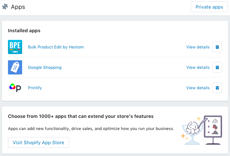 The Apps page of the Shopify admin