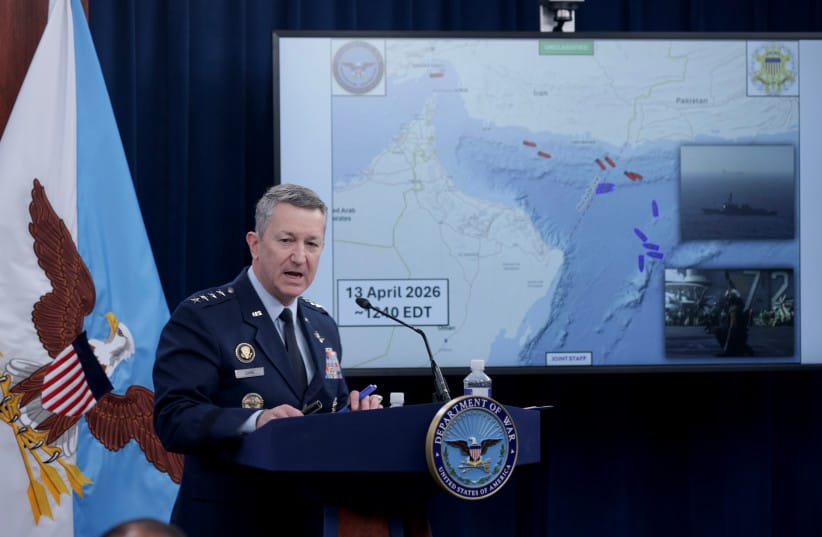 Chairman of the Joint Chiefs of Staff Gen. Dan Caine speaks as he displays a map showing the United States Navy's blockade of the Strait of Hormuz during a press briefing at the Pentagon on April 16, 2026 in Arlington, Virginia.