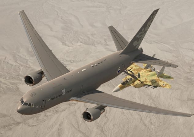 A Boeing KC-46 tanker belonging to the Israeli Air Force is seen fueling a fighter jet in the air.