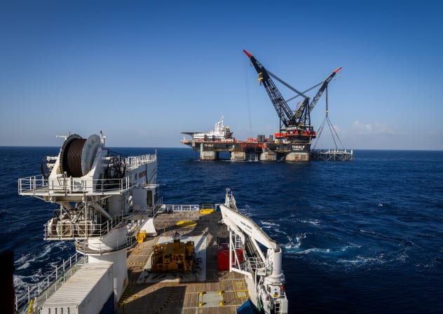  View of the Israeli Leviathan gas field gas processing rig near the Israeli city of Caesarea, on January 31, 2019. 