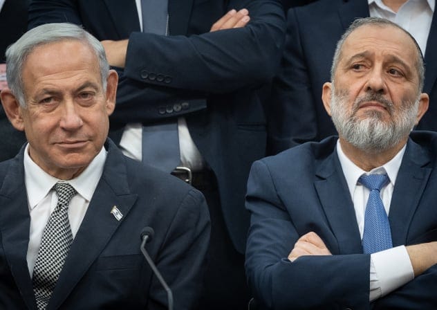  Shas leader MK Aryeh Deri and Israeli prime minister Benjamin Netanyahu seen during a Shas party meeting, at the Knesset, the Israeli parliament in Jerusalem, on January 23, 2023.