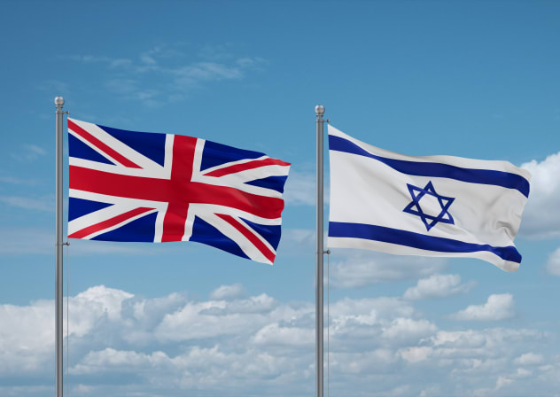  Israel and United Kingdom flags waving together.