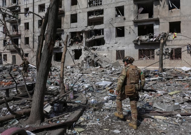 Ukrainian police officers seen in the frontline town of Pokrovsk in Donetsk, Ukraine, April 12, 2025