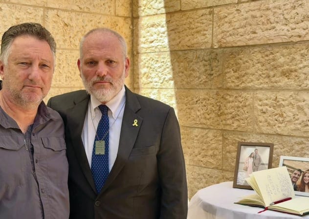  THE WRITER (right) meets last week with Daniel Lischinsky at the shiva in Beit Zayit for Daniel’s son Yaron, who was murdered along with Sarah Lynn Milgrim in the Washington terror attack