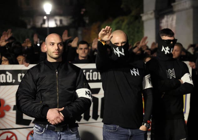 Members of Spanish neonazi group Nucleo Nacional give a Nazi salute during a demonstration called to protest 'against the corrupt politicians' in front of the Spanish Congress in Madrid, on November 8, 2025.