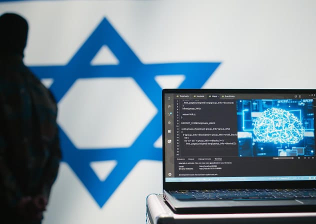 An illustration of an AI software running on a laptop, with a silhouetted soldier and Israeli flag in the background.