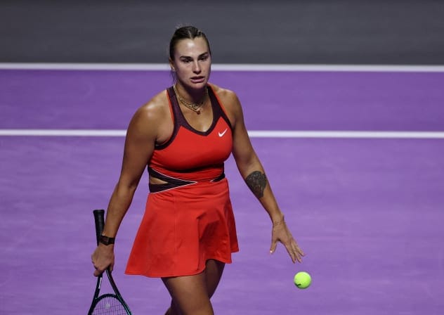 Tennis - WTA Finals - Riyadh - King Saud University Indoor Arena, Riyadh, Saudi Arabia - November 8, 2025 Belarus' Aryna Sabalenka reacts during her final match against Kazakhstan's Elena Rybakina