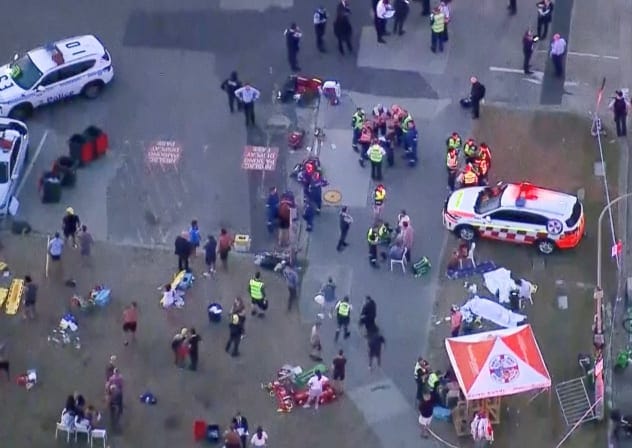An aerial view of emergency personnel working at the scene of a shooting incident at Bondi Beach in Sydney, Australia, December 14, 2025, in this screen grab from a video.