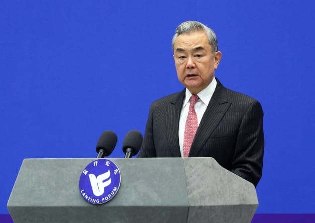 CHINESE FOREIGN MINISTER Wang Yi delivers delivers his speech at the opening ceremony of the Lanting Forum in Beijing, China, October 27, 2025.