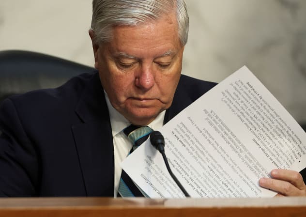 U.S. Senator Lindsey Graham (R-SC) looks over his prepared remarks about Kilmar Abrego Garcia before the start of a Senate Judiciary Committee business meeting on Capitol Hill in Washington, DC, US, July 17, 2025.