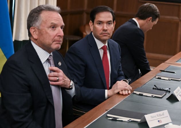US Secretary of State Marco Rubio (C), alongside White House Special Envoy Steve Witkoff (L) and Jared Kushner (R), attend a meeting with Ukrainian officials headed by Rustem Umerov in Hallandale Beach, Florida on November 30, 2025. 