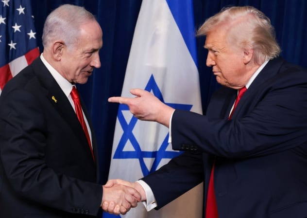 US President Donald Trump points his finger towards Israeli Prime Minister Benjamin Netanyahu as they shake hands during a press conference after meeting at Trump’s Mar-a-Lago club in Palm Beach, Florida, US, December 29, 2025.
