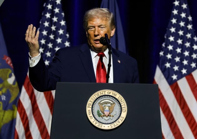 US President Donald Trump speaks at the Detroit Economic Club in Detroit, Michigan, US, January 13, 2026.