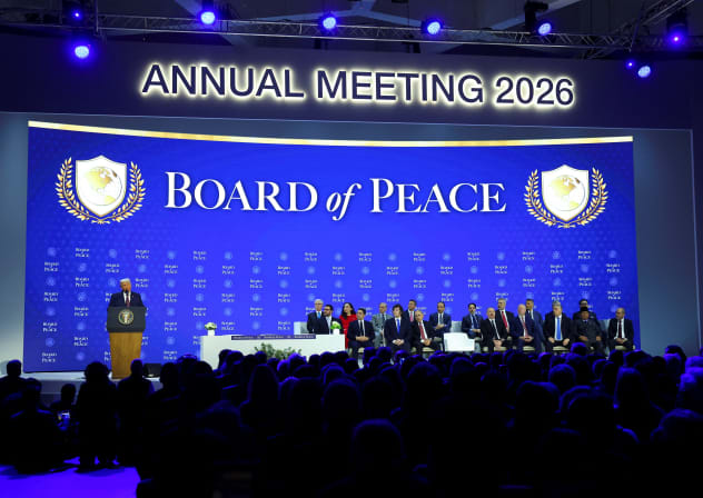 World leaders gather during a charter announcement for US President Donald Trump's Board of Peace, in Davos, Switzerland, January 22, 2026