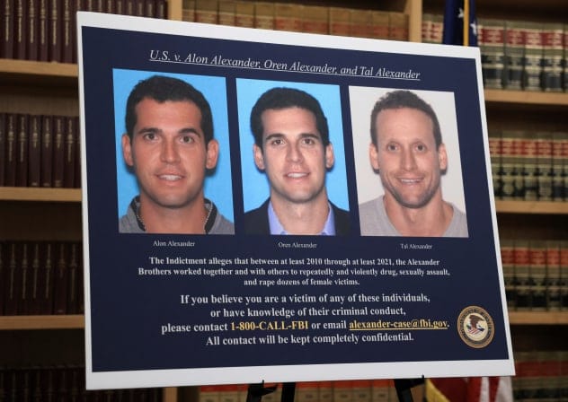 The pictures of the three high profile real estate agent brothers Alon Alexander, Oren Alexander, and Tal Alexander, on charges of sex trafficking and drugs, are displayed at 26 Federal Plaza in New York City, New York US, December 11, 2024.