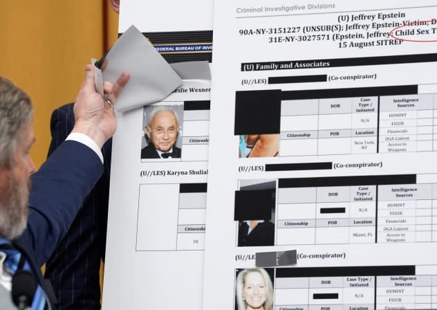 US Representative Thomas Massie (R-KY) lifts a piece of paper on a board displaying a Federal Bureau of Investigation (FBI) document, revealing an image of businessman Les Wexner, while questioning US Attorney General Pam Bondi, Washington DC, US 