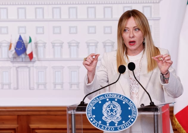 Italian Prime Minister Giorgia Meloni speaks during a joint statement with President of Cyprus Nikos Christodoulides, at Chigi Palace, in Rome, Italy, February 26, 2026.