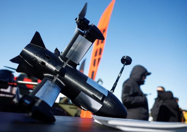 P1-Sun FPV interceptor drone is displayed at an exhibition of Ukrainian drone makers in an undisclosed location in Ukraine