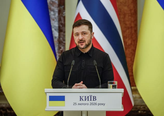 Ukraine's President Volodymyr Zelenskiy talks as he attends a joint press conference with Norway's Prime Minister Jonas Gahr Stoere (not pictured), amid Russia's attack on Ukraine, in Kyiv, Ukraine February 25, 2026.