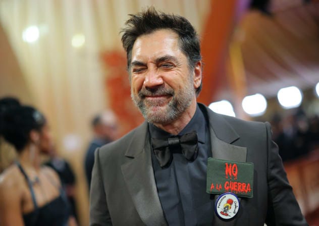 Javier Bardem wears a pin which reads: "Palestine" on the red carpet during the Oscars arrivals at the 98th Academy Awards in Hollywood, Los Angeles, California, US, March 15, 2026.