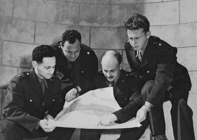 Happy Birthday to: Yigael Yadin (3rd R), Israeli delegation member to armistice  talks in Rhodes, 1949, with Yitzhak Rabin {R);