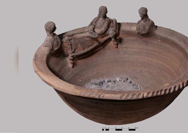 Incense burner found in Pompeii, containing residue of local plants and imported resin, April 7, 2026.