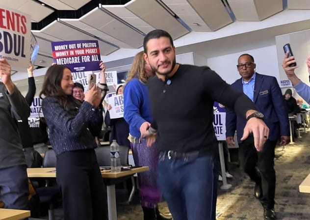 Michigan U.S. Senate candidate Abdul el-Sayed greets supporters at a rally in Ann Arbor, Michigan, April 7, 2026. The rally also featured Twitch streamer Hasan Piker, who has been accused of antisemitism.