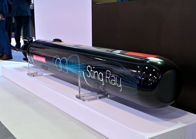 A BAE Systems Sting Ray air-launched Anti Submarine Warfare lightweight torpedo is displayed during the Security Equipment International (DSEI) at London Excel on September 09, 2025 in London, England.