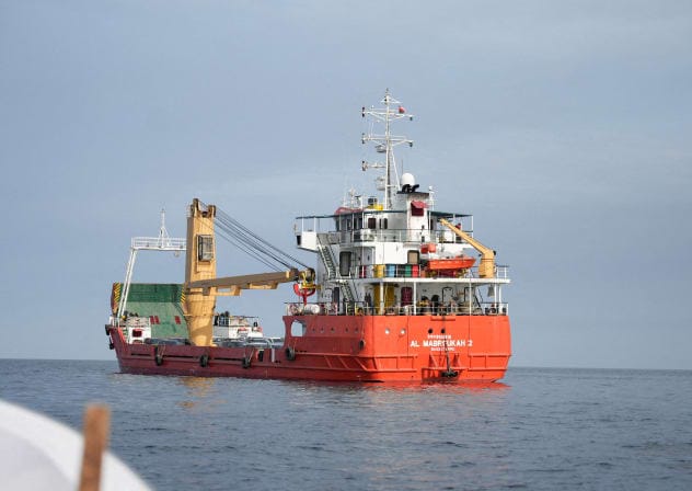 A vessel at the Strait of Hormuz, off the coast of Oman’s Musandam province, April 12, 2026.