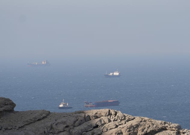 Ships and tankers in the Strait of Hormuz off the coast of Musandam, Oman, April 18, 2026.