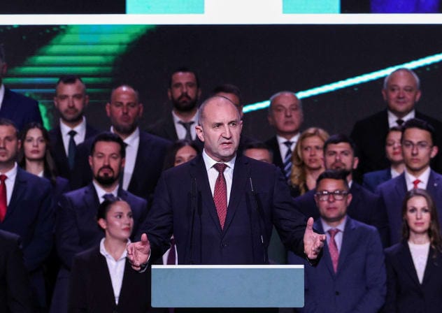 Former Bulgarian president and leader of the Progressive Bulgaria coalition Rumen Radev speaks during an election rally, ahead of the snap election, in Sofia, Bulgaria, April 16, 2026.