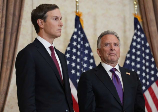 Jared Kushner and Steve Witkoff, Special Envoy for Peace Missions listen as Vice President JD Vance speaks during a news conference after meeting with representatives from Pakistan and Iran, Sunday, April 12, 2026, in Islamabad, Pakistan.