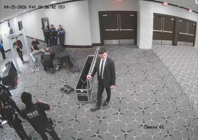 White House Correspondents' Association Dinner shooting suspect Cole Tomas Allen sprints past security personnel in a screengrab form security camera video, at Washington Hilton Hotel, April 25, 2026.